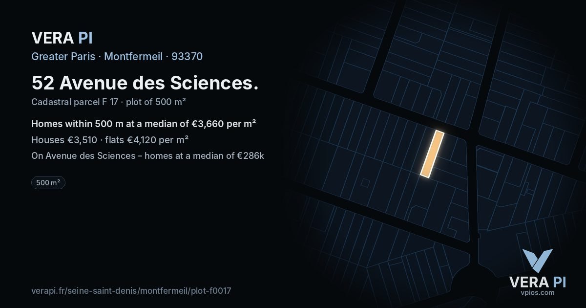 52 Avenue des Sciences, Montfermeil at night – the plot lit, the parcels around coloured by the prices near them