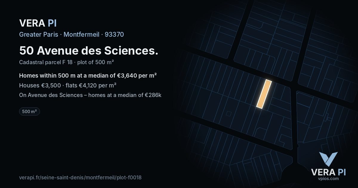 50 Avenue des Sciences, Montfermeil at night – the plot lit, the parcels around coloured by the prices near them