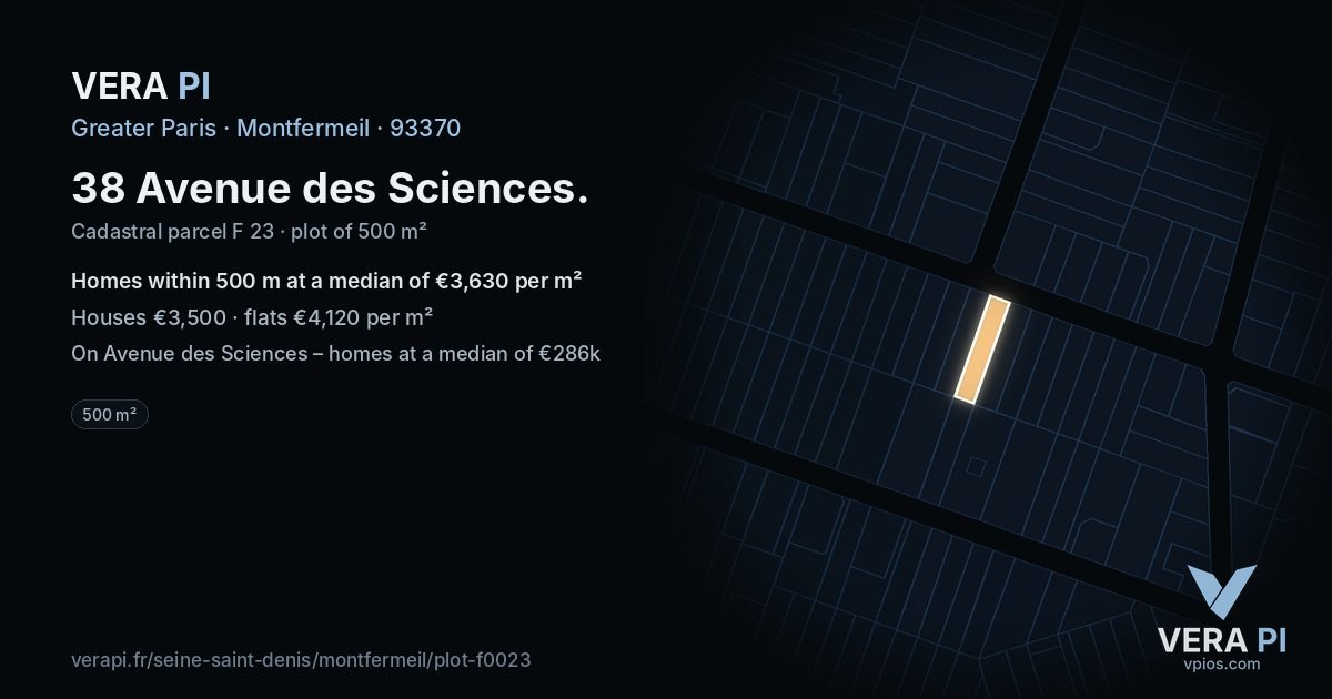 38 Avenue des Sciences, Montfermeil at night – the plot lit, the parcels around coloured by the prices near them