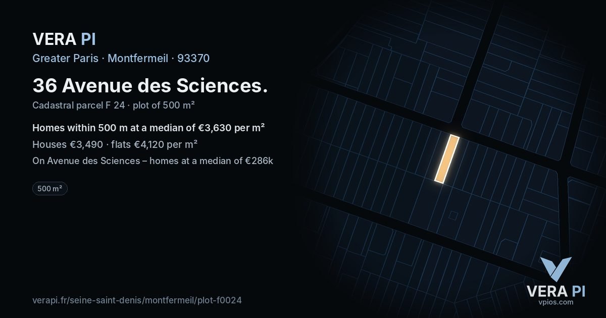 36 Avenue des Sciences, Montfermeil at night – the plot lit, the parcels around coloured by the prices near them
