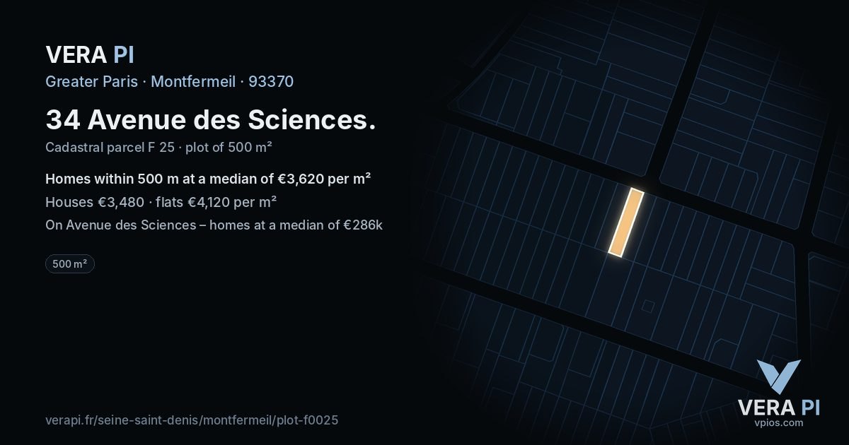 34 Avenue des Sciences, Montfermeil at night – the plot lit, the parcels around coloured by the prices near them