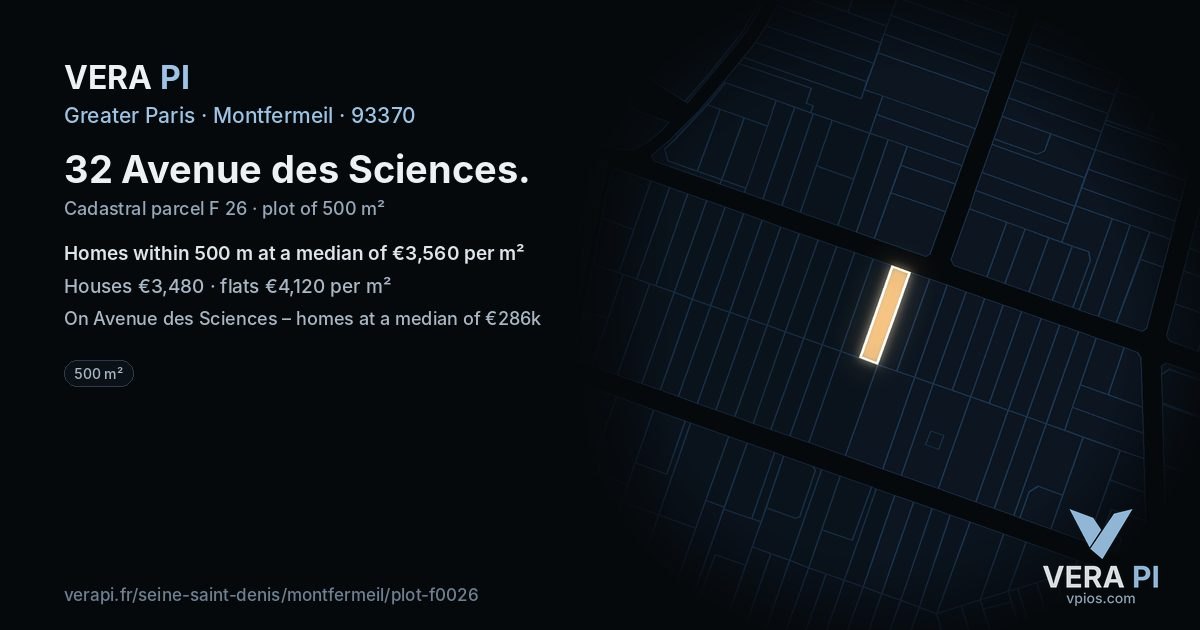 32 Avenue des Sciences, Montfermeil at night – the plot lit, the parcels around coloured by the prices near them