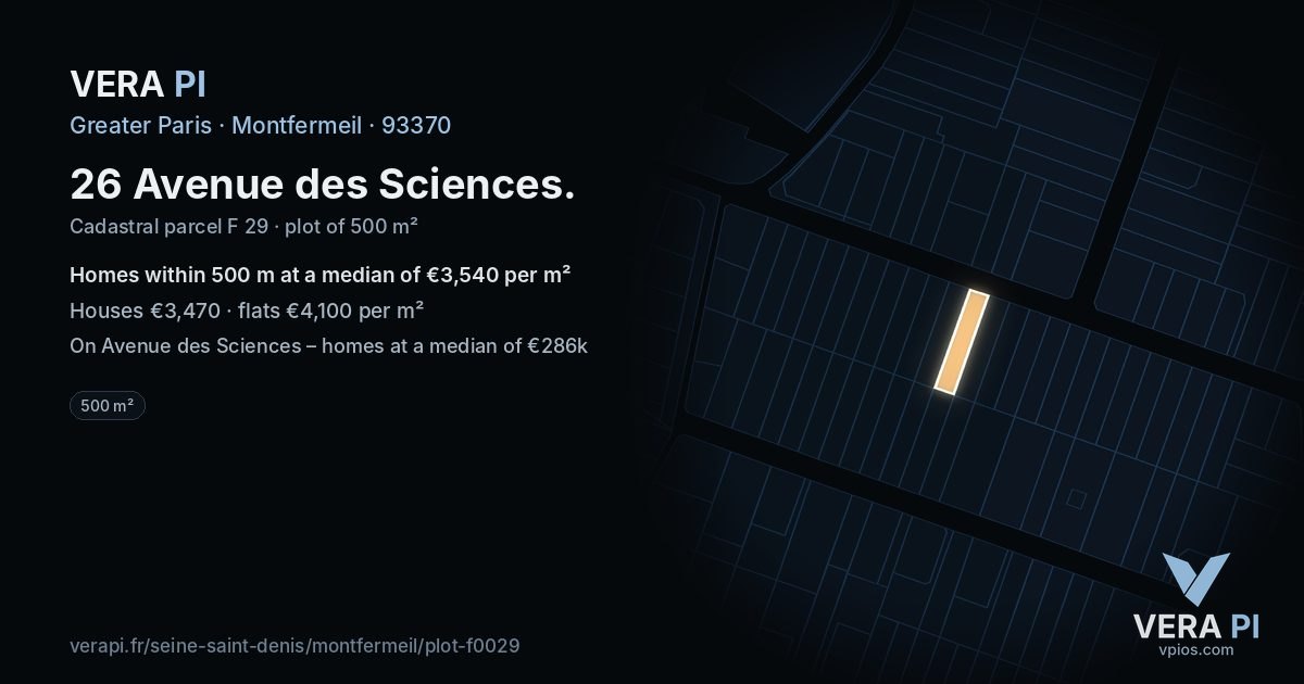 26 Avenue des Sciences, Montfermeil at night – the plot lit, the parcels around coloured by the prices near them