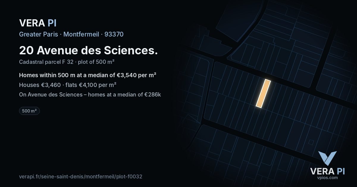 20 Avenue des Sciences, Montfermeil at night – the plot lit, the parcels around coloured by the prices near them