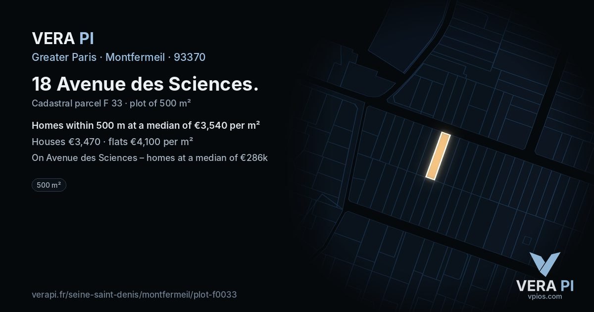 18 Avenue des Sciences, Montfermeil at night – the plot lit, the parcels around coloured by the prices near them