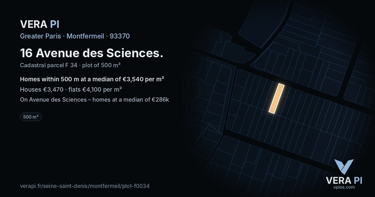 16 Avenue des Sciences, Montfermeil at night – the plot lit, the parcels around coloured by the prices near them