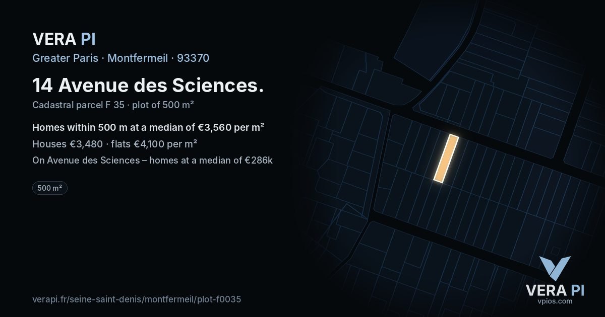 14 Avenue des Sciences, Montfermeil at night – the plot lit, the parcels around coloured by the prices near them