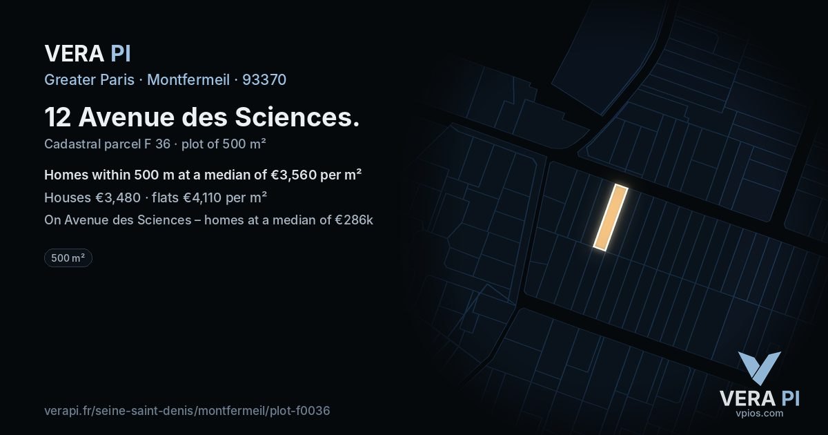 12 Avenue des Sciences, Montfermeil at night – the plot lit, the parcels around coloured by the prices near them