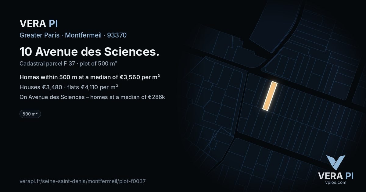 10 Avenue des Sciences, Montfermeil at night – the plot lit, the parcels around coloured by the prices near them