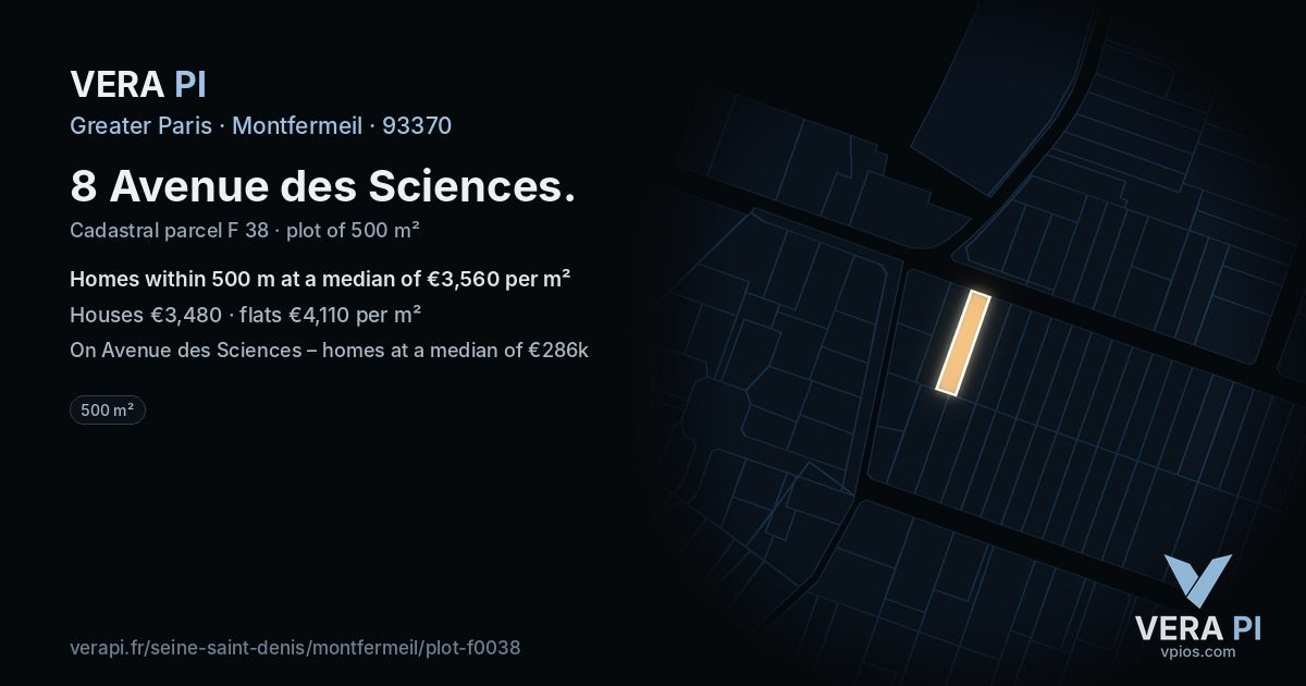 8 Avenue des Sciences, Montfermeil at night – the plot lit, the parcels around coloured by the prices near them