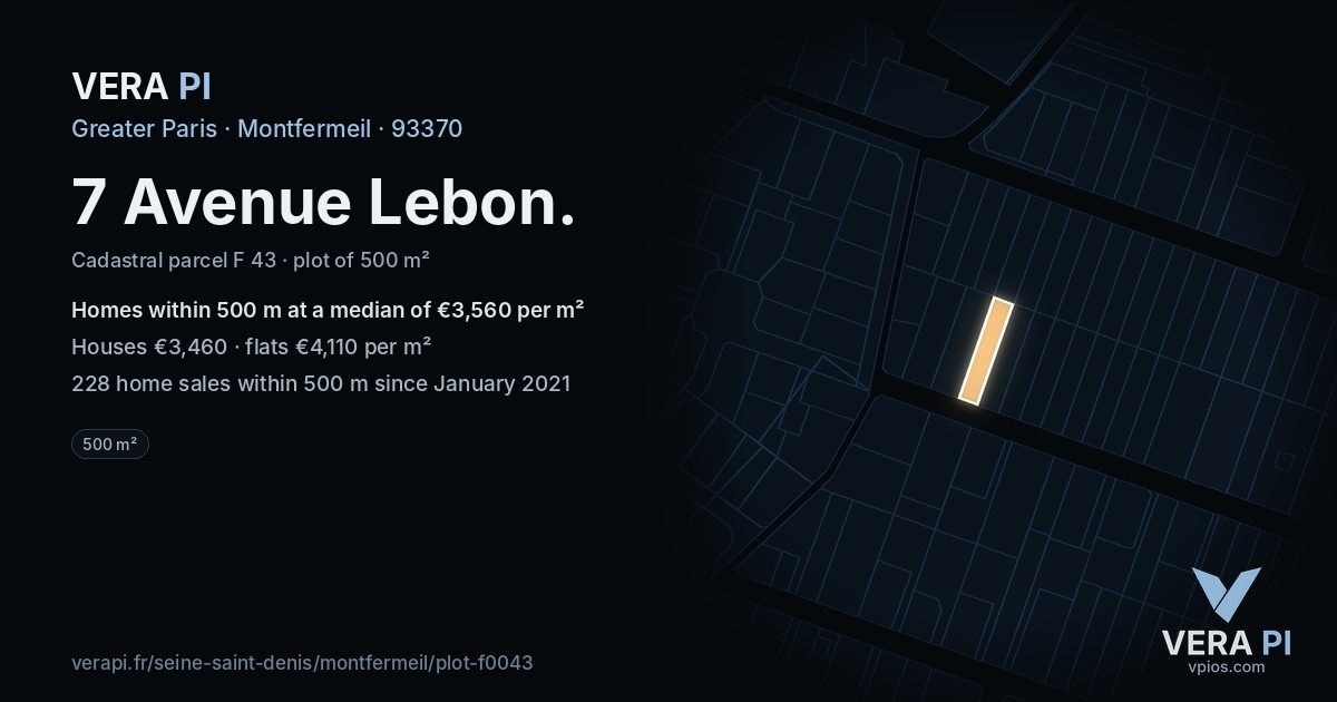 7 Avenue Lebon, Montfermeil at night – the plot lit, the parcels around coloured by the prices near them