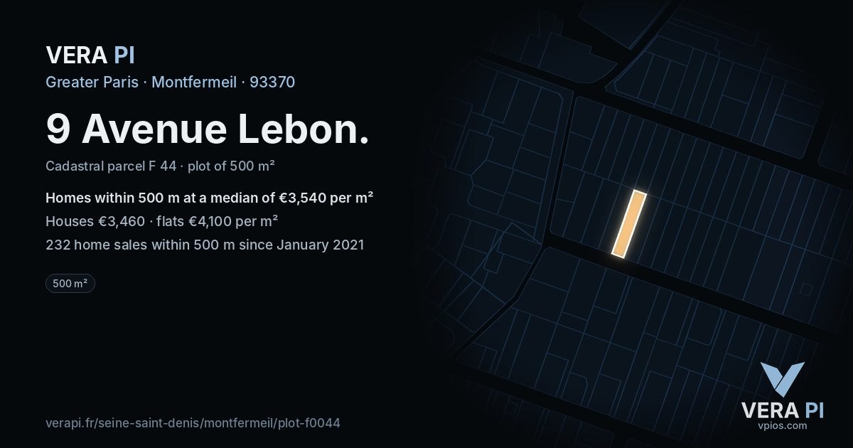9 Avenue Lebon, Montfermeil at night – the plot lit, the parcels around coloured by the prices near them