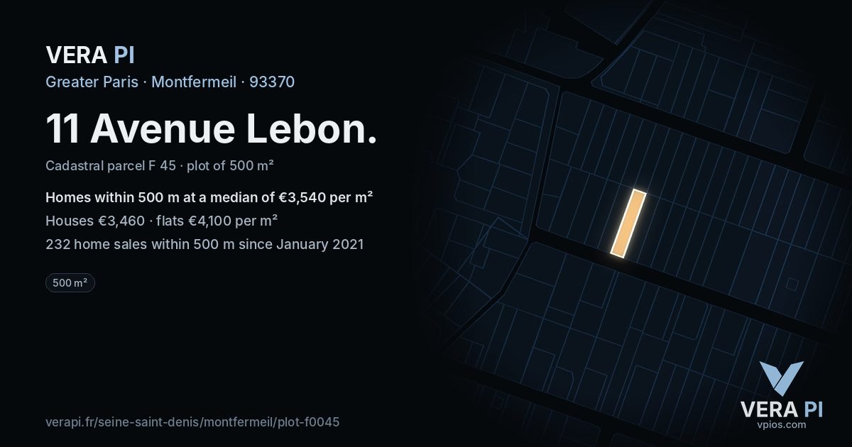 11 Avenue Lebon, Montfermeil at night – the plot lit, the parcels around coloured by the prices near them