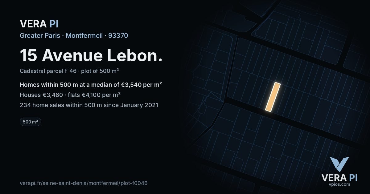 15 Avenue Lebon, Montfermeil at night – the plot lit, the parcels around coloured by the prices near them