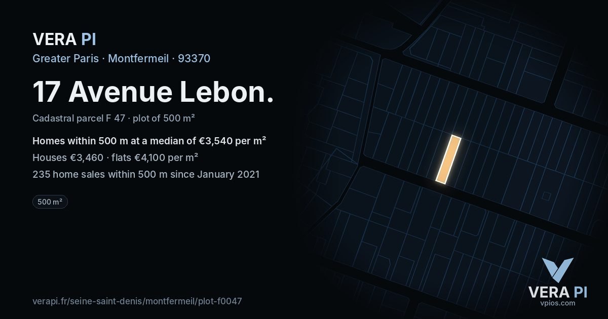 17 Avenue Lebon, Montfermeil at night – the plot lit, the parcels around coloured by the prices near them