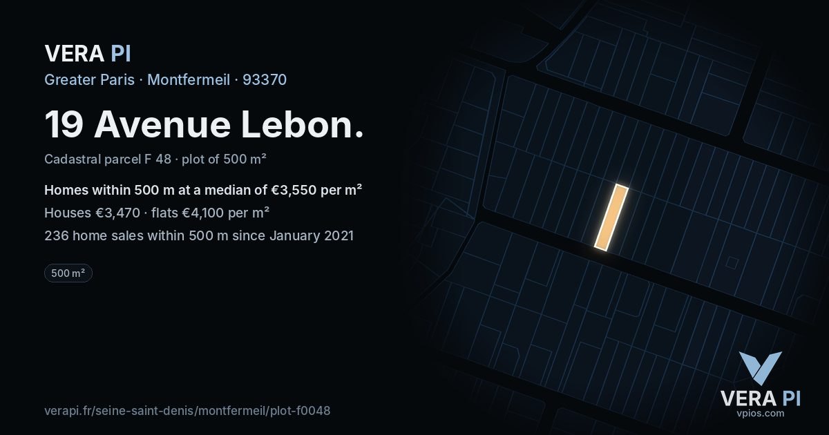19 Avenue Lebon, Montfermeil at night – the plot lit, the parcels around coloured by the prices near them