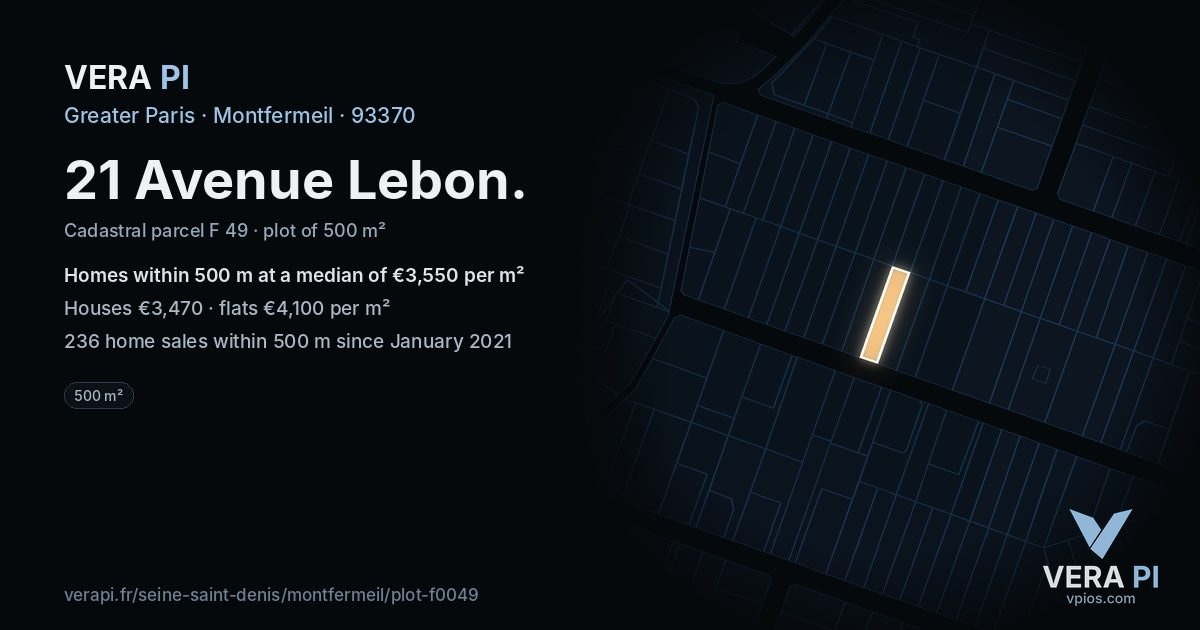 21 Avenue Lebon, Montfermeil at night – the plot lit, the parcels around coloured by the prices near them