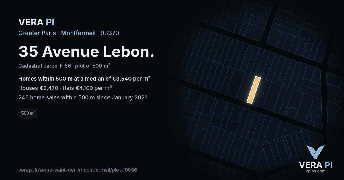 35 Avenue Lebon, Montfermeil at night – the plot lit, the parcels around coloured by the prices near them