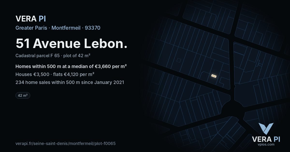 51 Avenue Lebon, Montfermeil at night – the plot lit, the parcels around coloured by the prices near them