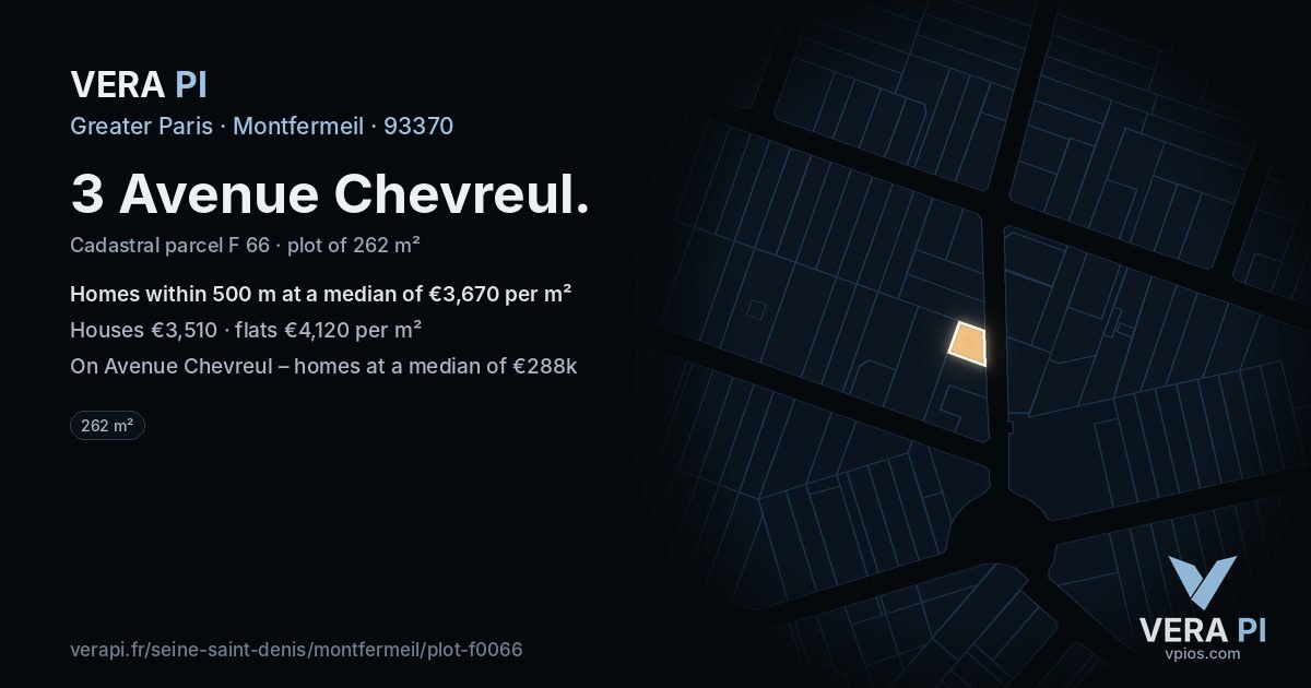 3 Avenue Chevreul, Montfermeil at night – the plot lit, the parcels around coloured by the prices near them