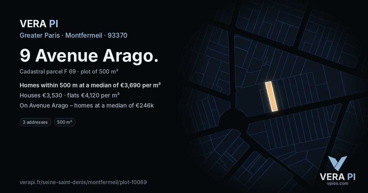 9 Avenue Arago, Montfermeil at night – the plot lit, the parcels around coloured by the prices near them