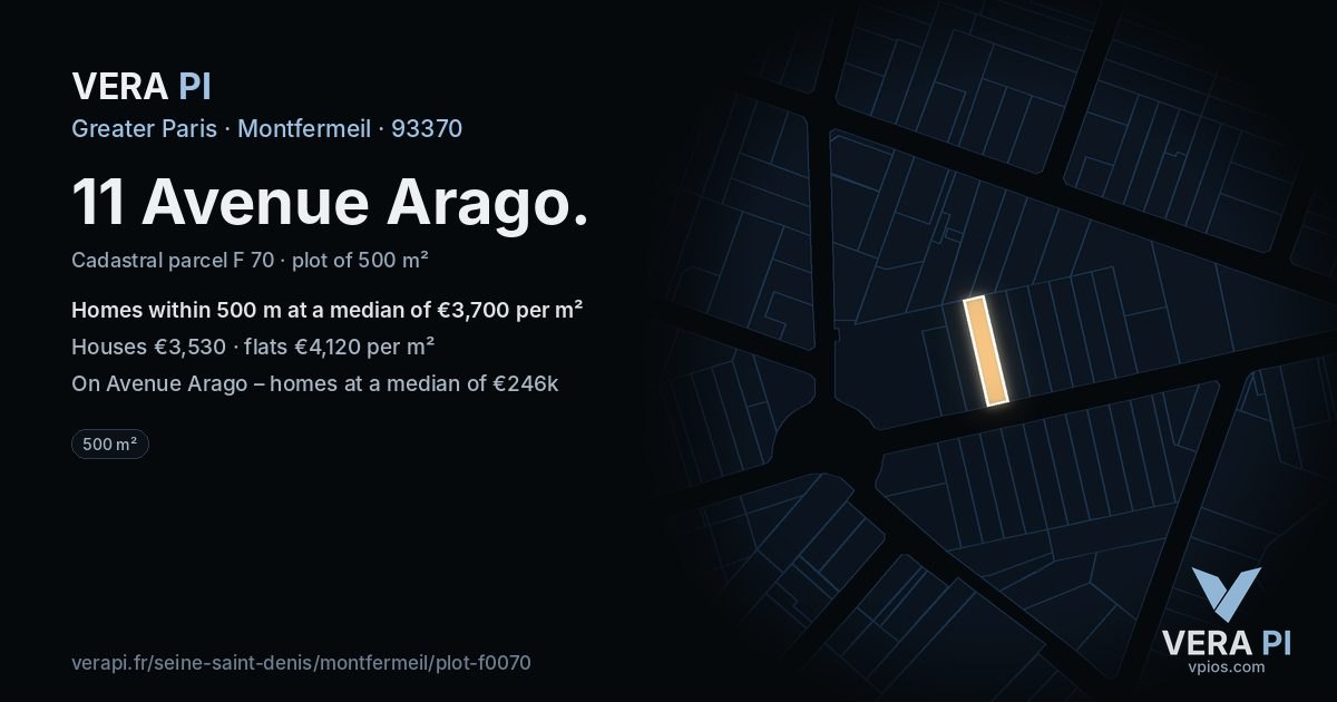 11 Avenue Arago, Montfermeil at night – the plot lit, the parcels around coloured by the prices near them