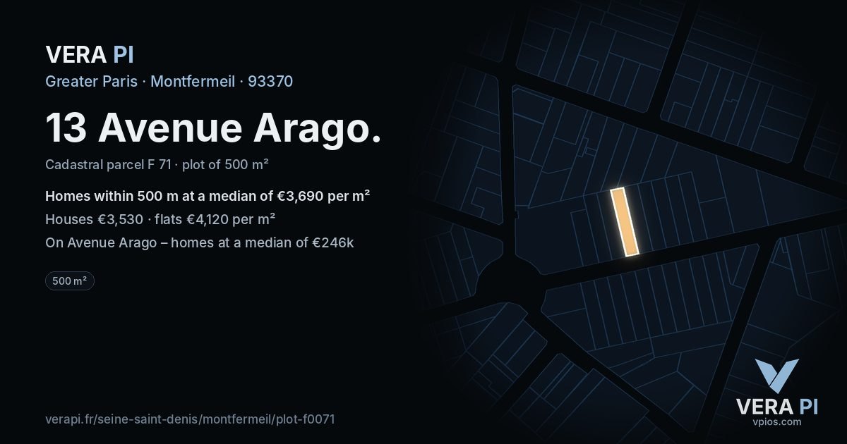 13 Avenue Arago, Montfermeil at night – the plot lit, the parcels around coloured by the prices near them