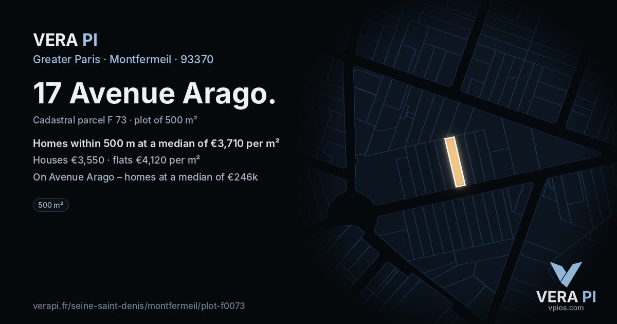 17 Avenue Arago, Montfermeil at night – the plot lit, the parcels around coloured by the prices near them