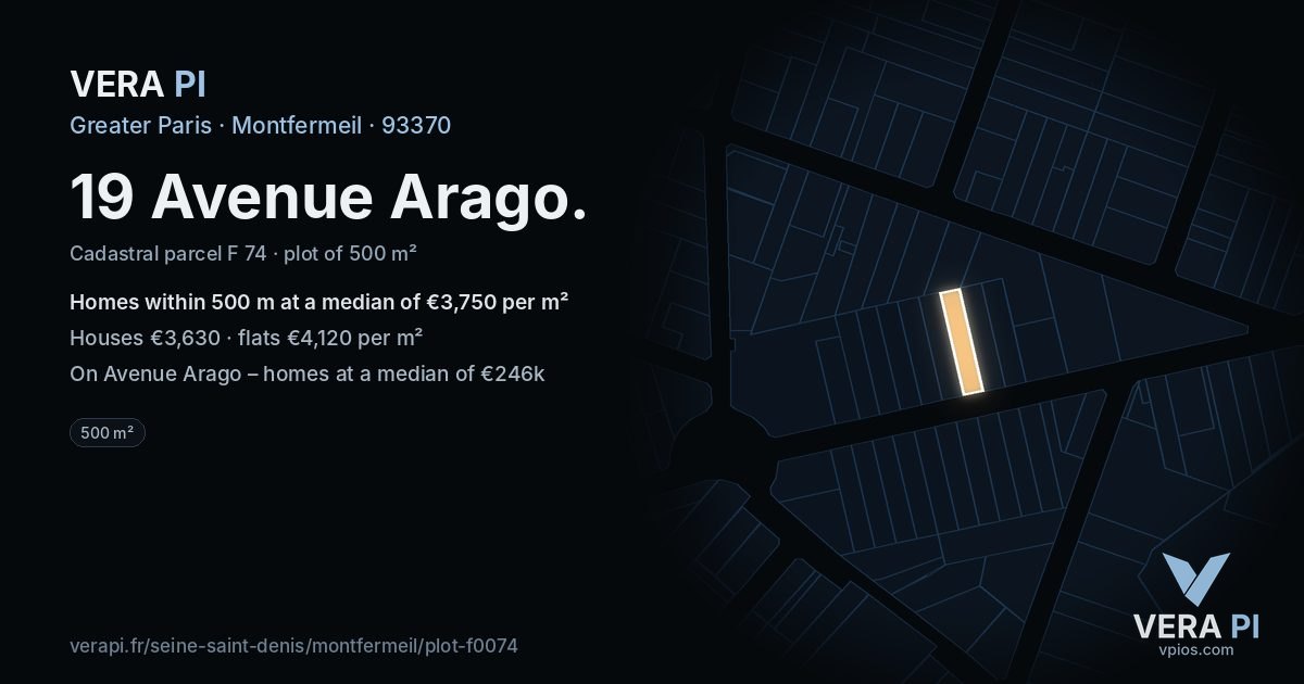 19 Avenue Arago, Montfermeil at night – the plot lit, the parcels around coloured by the prices near them