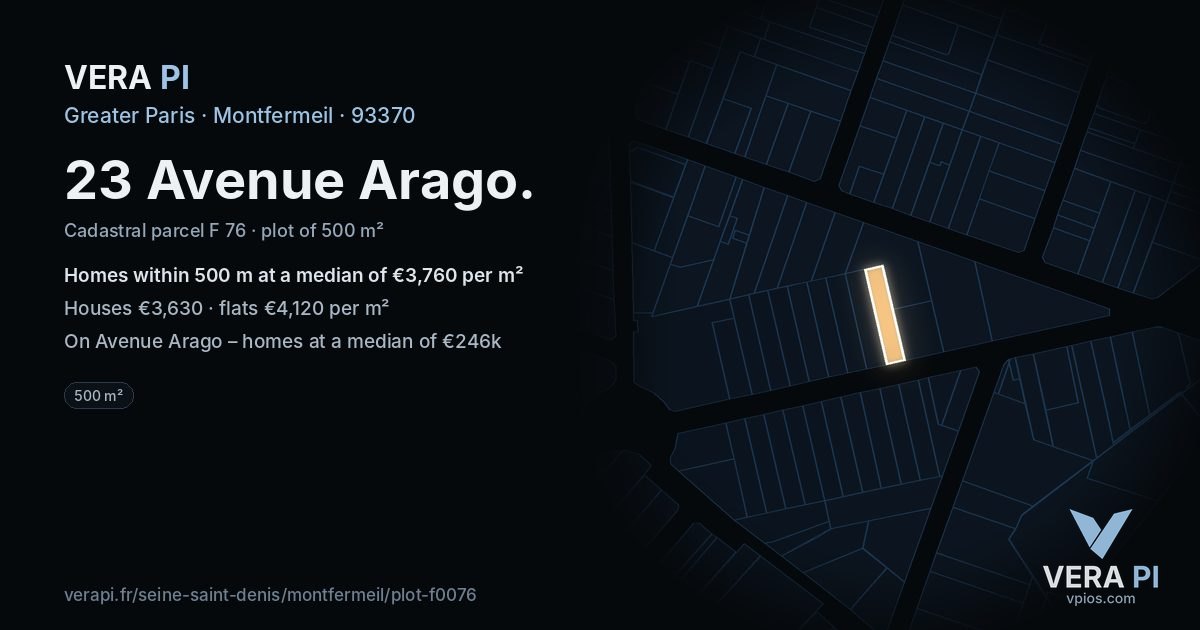 23 Avenue Arago, Montfermeil at night – the plot lit, the parcels around coloured by the prices near them