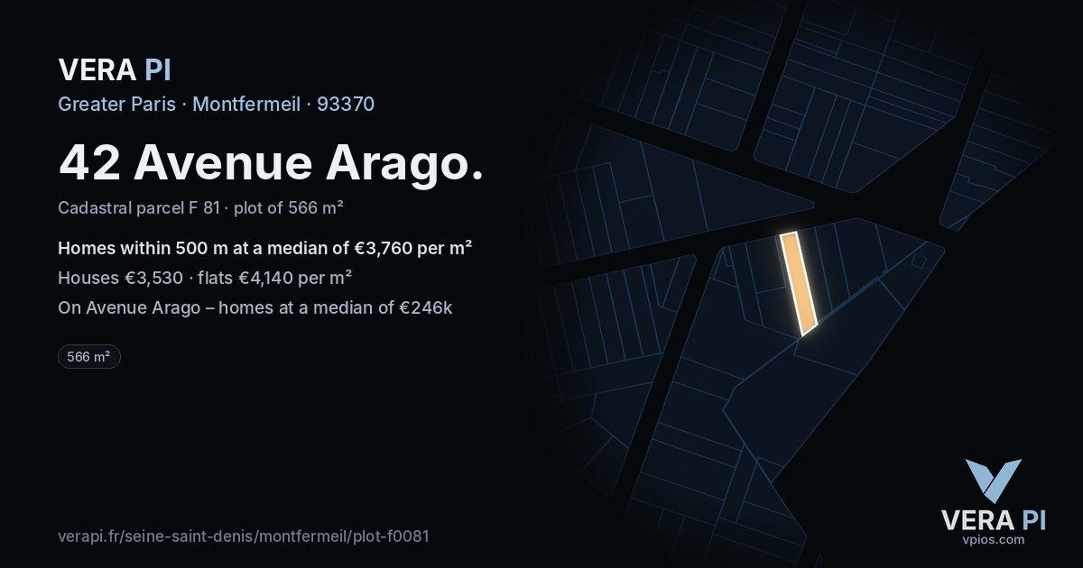 42 Avenue Arago, Montfermeil at night – the plot lit, the parcels around coloured by the prices near them