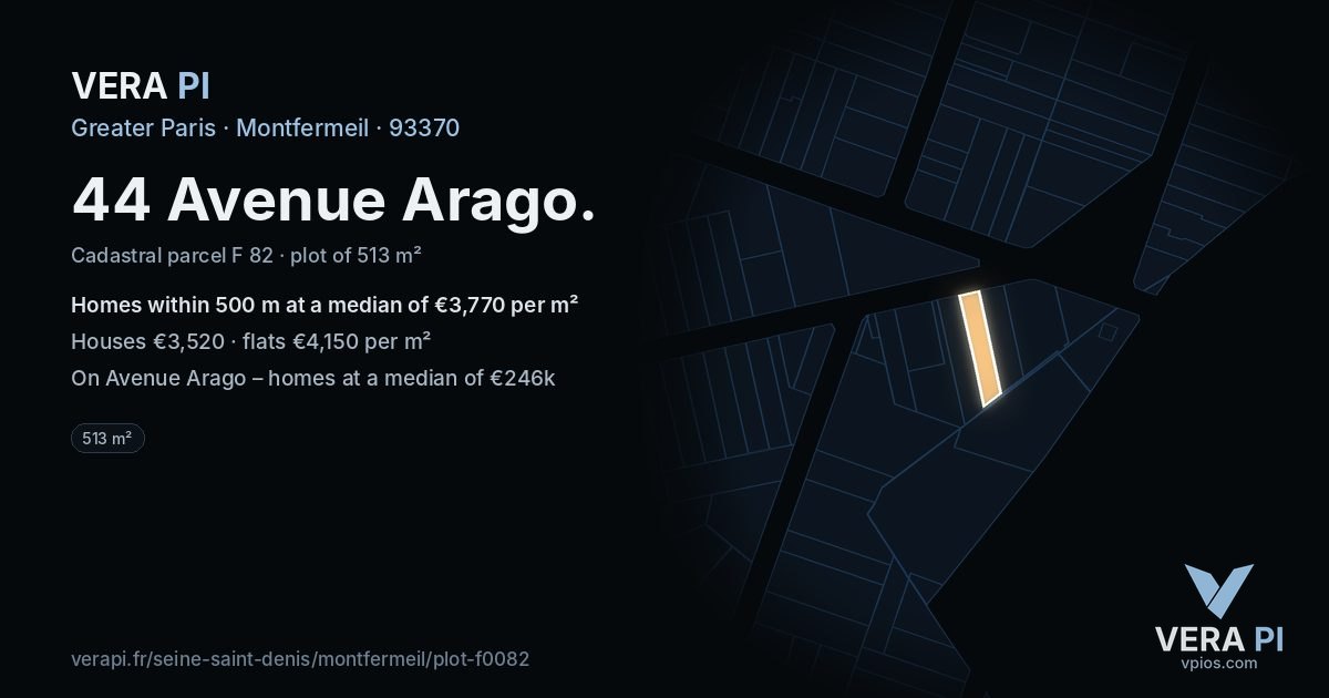 44 Avenue Arago, Montfermeil at night – the plot lit, the parcels around coloured by the prices near them