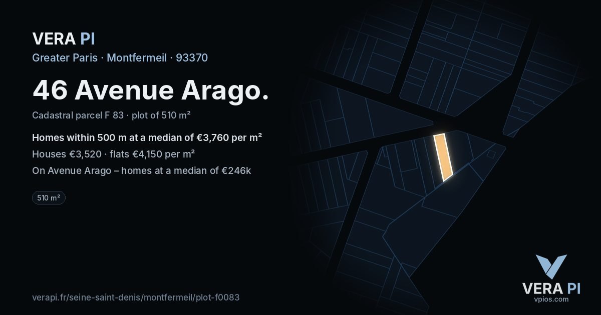 46 Avenue Arago, Montfermeil at night – the plot lit, the parcels around coloured by the prices near them