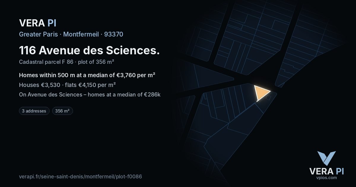 116 Avenue des Sciences, Montfermeil at night – the plot lit, the parcels around coloured by the prices near them