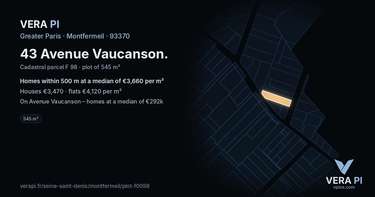 43 Avenue Vaucanson, Montfermeil at night – the plot lit, the parcels around coloured by the prices near them