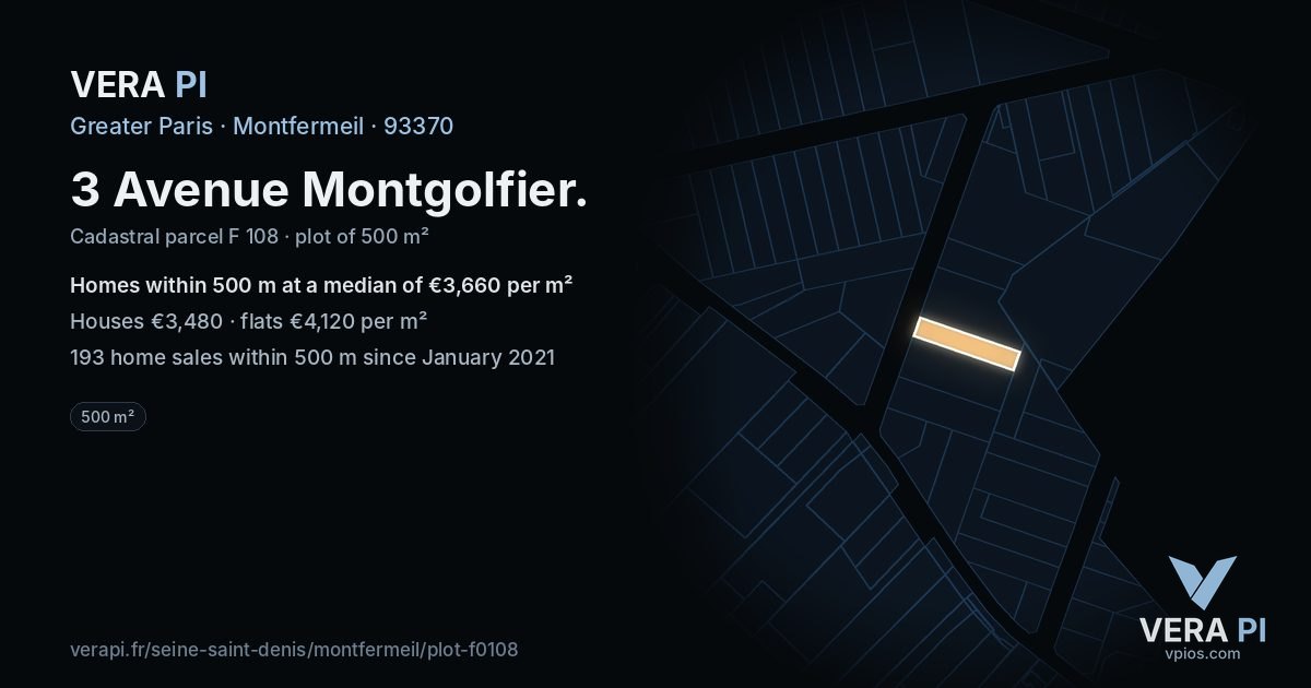 3 Avenue Montgolfier, Montfermeil at night – the plot lit, the parcels around coloured by the prices near them