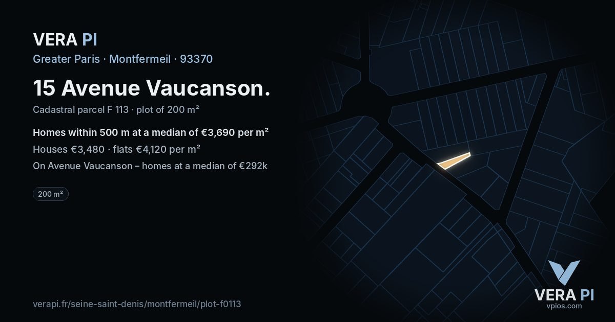 15 Avenue Vaucanson, Montfermeil at night – the plot lit, the parcels around coloured by the prices near them