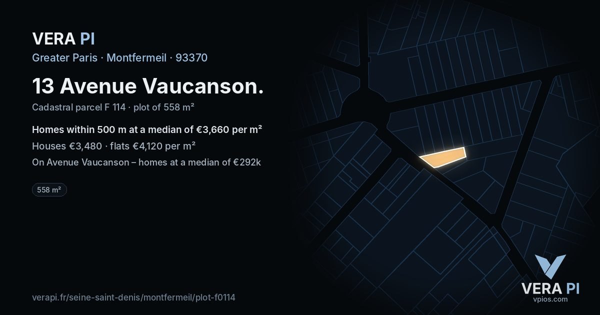 13 Avenue Vaucanson, Montfermeil at night – the plot lit, the parcels around coloured by the prices near them