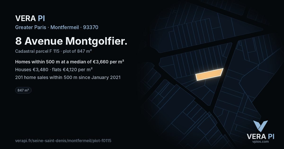 8 Avenue Montgolfier, Montfermeil at night – the plot lit, the parcels around coloured by the prices near them