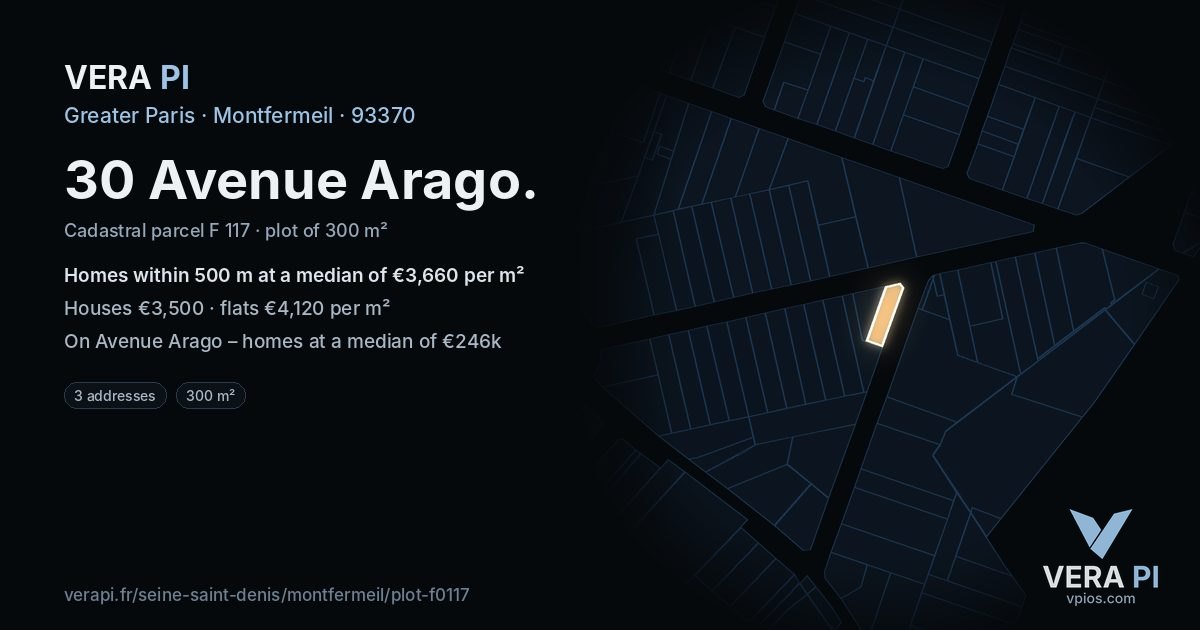 30 Avenue Arago, Montfermeil at night – the plot lit, the parcels around coloured by the prices near them