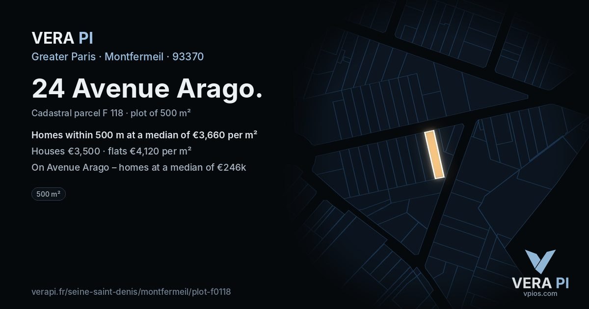 24 Avenue Arago, Montfermeil at night – the plot lit, the parcels around coloured by the prices near them