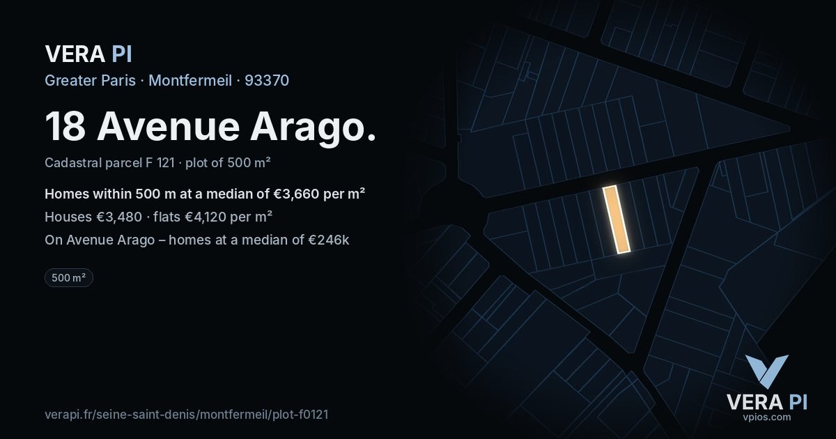 18 Avenue Arago, Montfermeil at night – the plot lit, the parcels around coloured by the prices near them