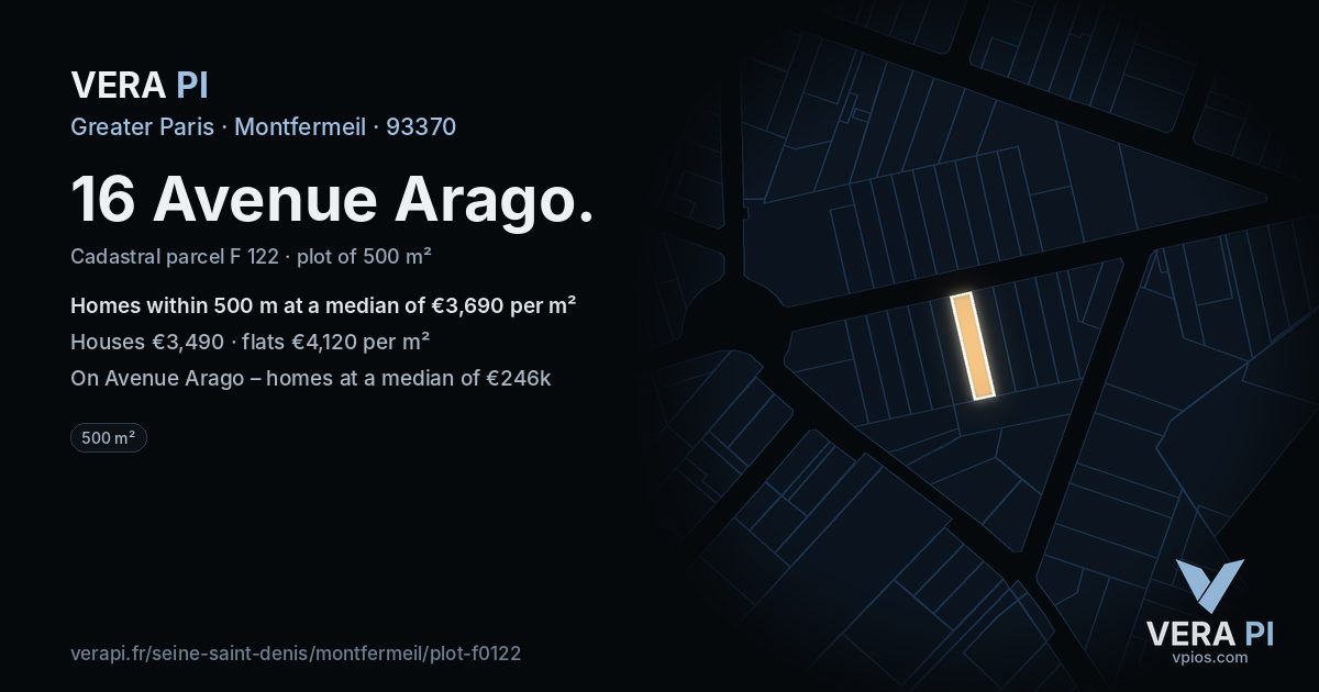 16 Avenue Arago, Montfermeil at night – the plot lit, the parcels around coloured by the prices near them