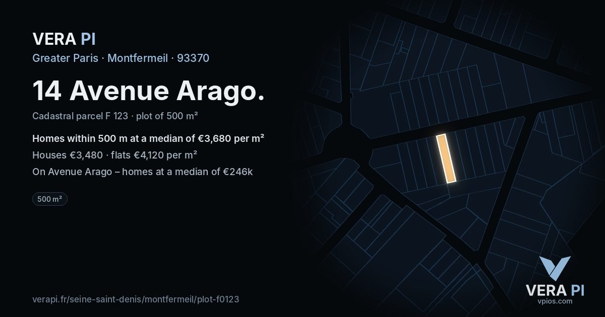 14 Avenue Arago, Montfermeil at night – the plot lit, the parcels around coloured by the prices near them