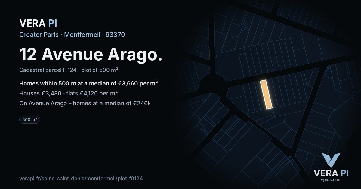 12 Avenue Arago, Montfermeil at night – the plot lit, the parcels around coloured by the prices near them