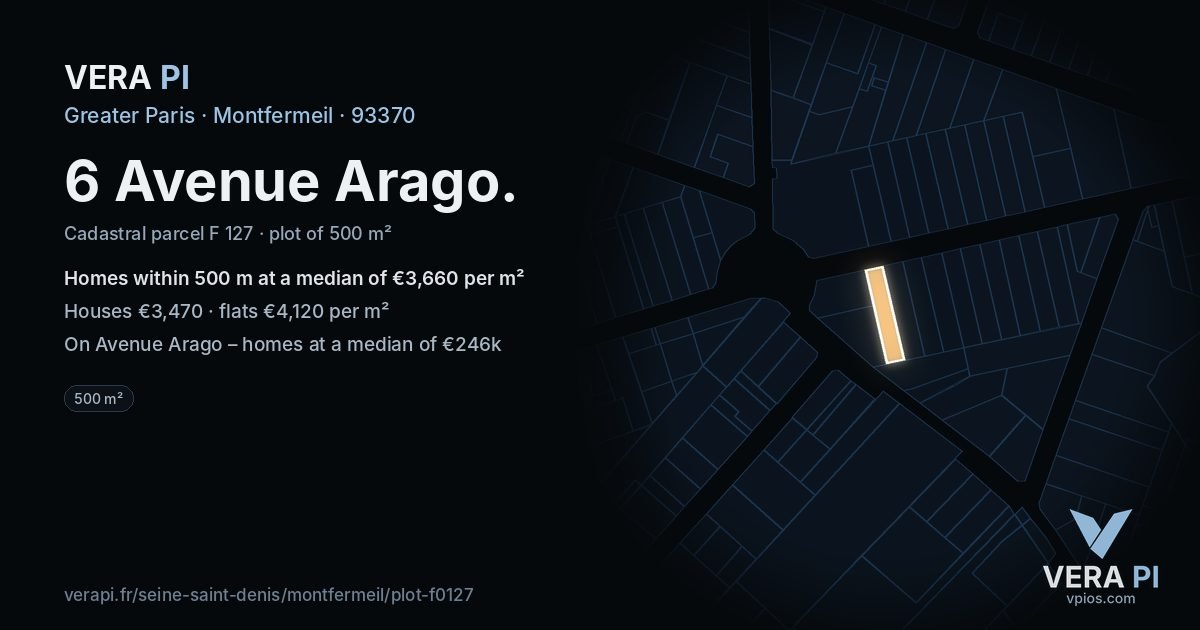 6 Avenue Arago, Montfermeil at night – the plot lit, the parcels around coloured by the prices near them