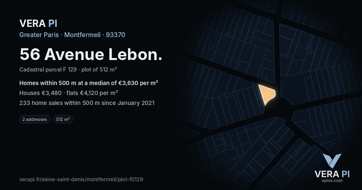 56 Avenue Lebon, Montfermeil at night – the plot lit, the parcels around coloured by the prices near them