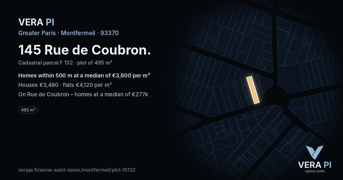 145 Rue de Coubron, Montfermeil at night – the plot lit, the parcels around coloured by the prices near them