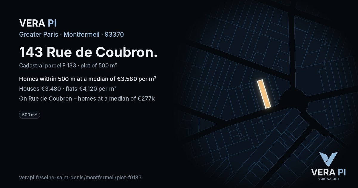 143 Rue de Coubron, Montfermeil at night – the plot lit, the parcels around coloured by the prices near them