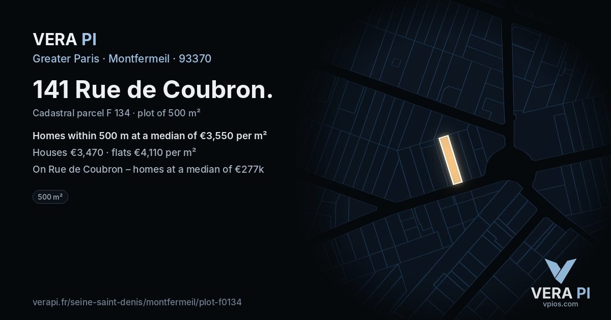 141 Rue de Coubron, Montfermeil at night – the plot lit, the parcels around coloured by the prices near them
